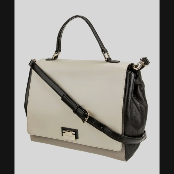 Kate Spade Off White Grey and Black Leather Handle Bag, Fold Over Tote - Picture 3 of 10